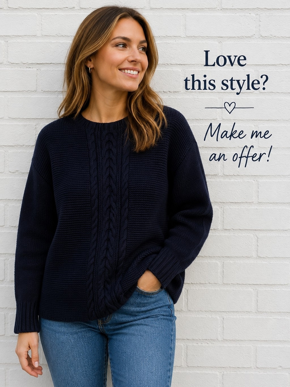 Chaps Cable Knit Sweater Navy Blue Cotton Blend Chunky Knit Medium M